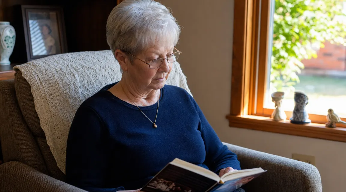 Elderly woman sitting comfortably in an armchair reading, as seen from a slightly elevated camera angle, warm home lighting