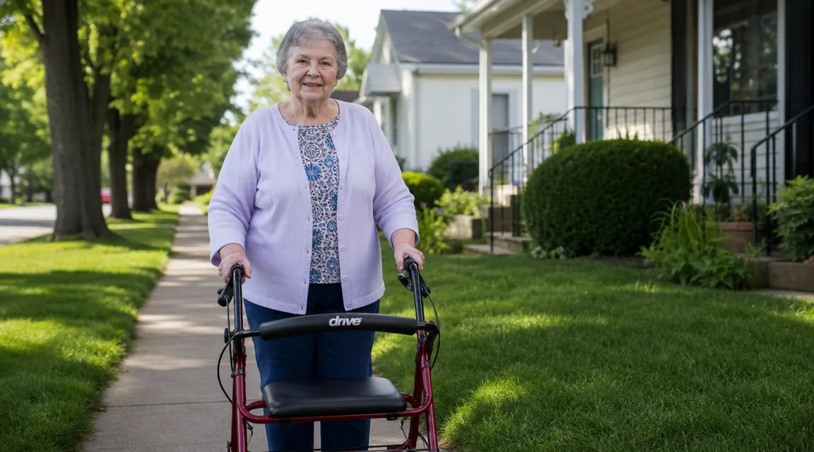 Older woman walking outside with a red rollator walker on a sunny sidewalk, smiling
