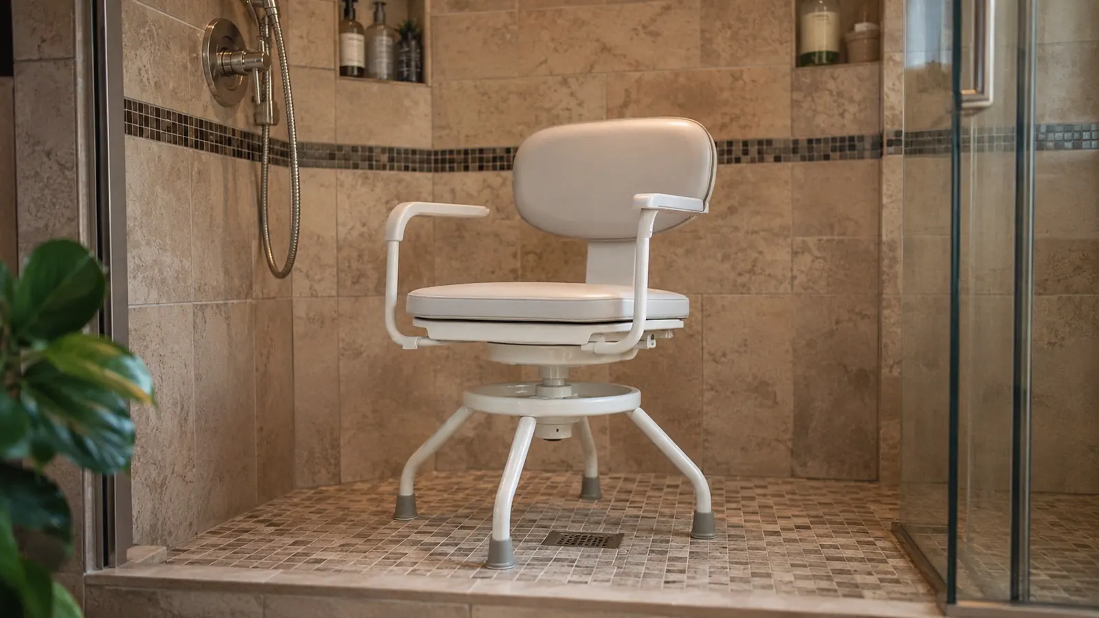 Bright, clean walk-in shower with a padded swivel shower chair positioned under the showerhead, soft morning light through a frosted window
