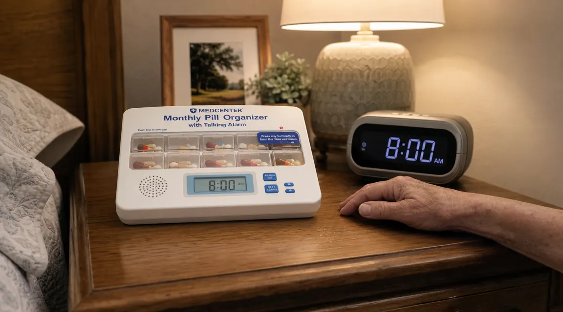 Close-up of the Medcenter pill organizer with its talking alarm display visible, placed on a wooden nightstand