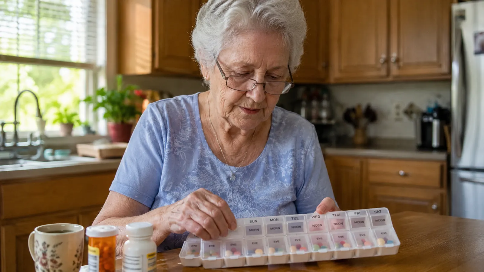 Elderly woman checking a monthly pill organizer on a kitchen counter in warm morning light