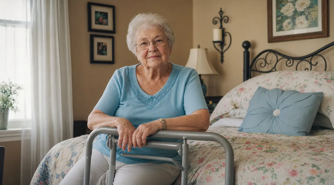 Elderly woman sitting on the edge of a bed in a softly lit bedroom, safely gripping a bed rail to stand up
