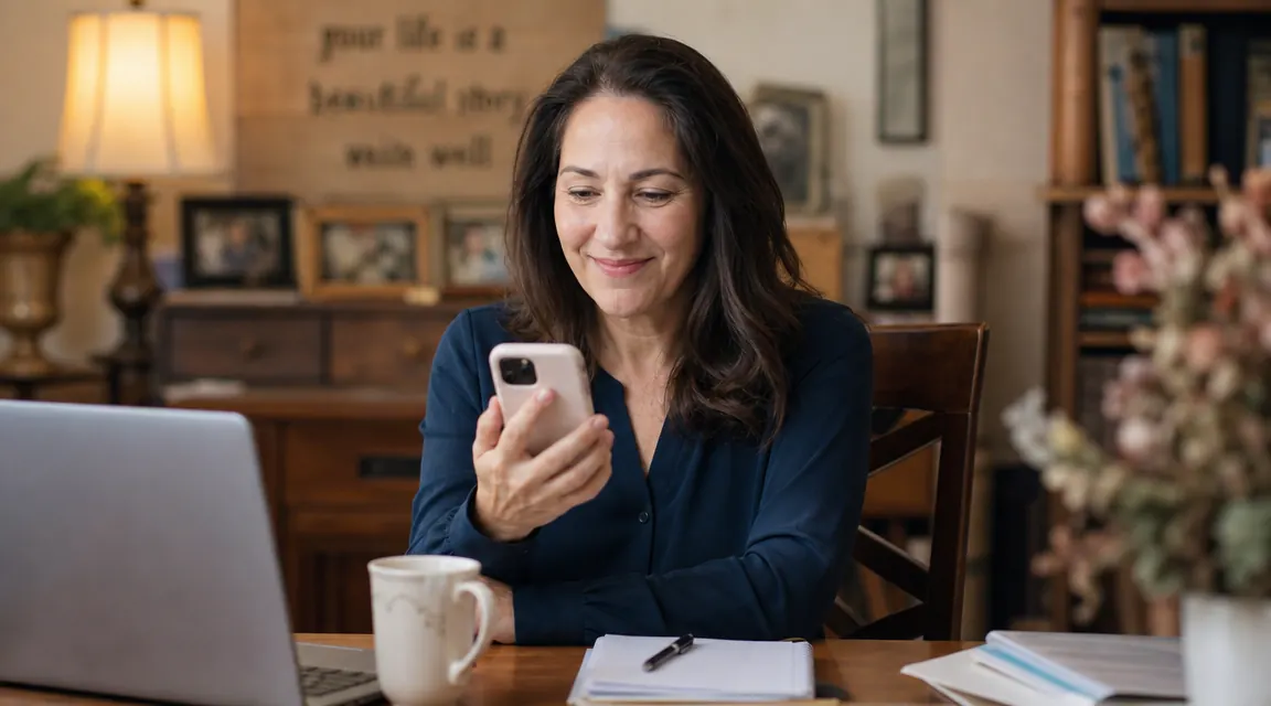 Adult daughter looking at her phone showing a live camera view, smiling with relief, sitting at a home desk