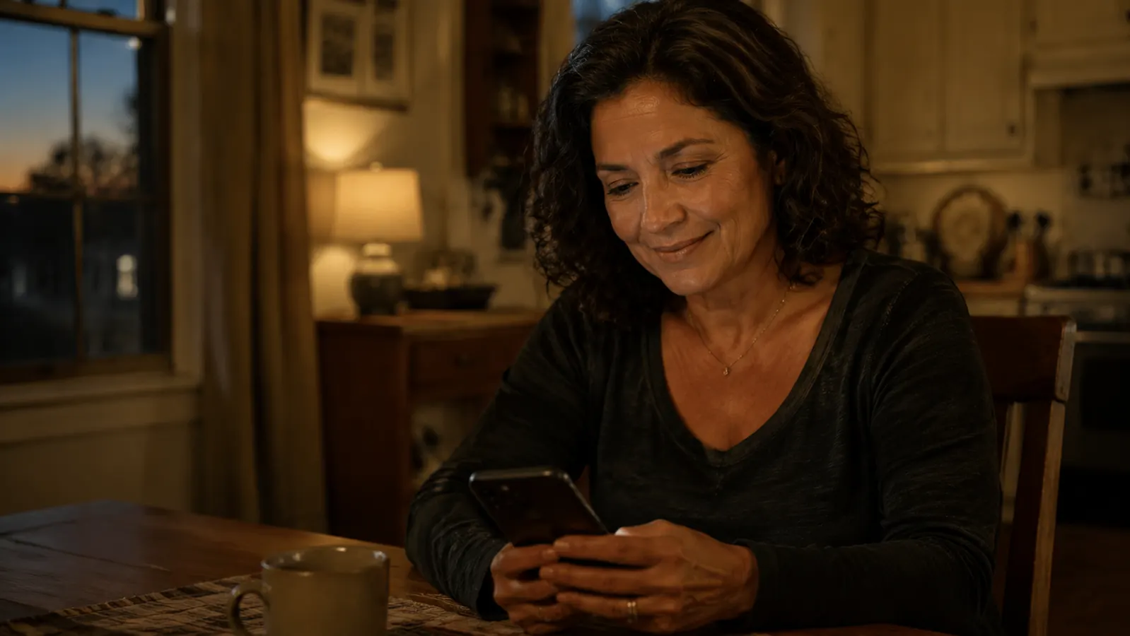 Woman sitting at a kitchen table in Texas looking at her phone, soft evening light, thoughtful expression, a cup of tea beside her