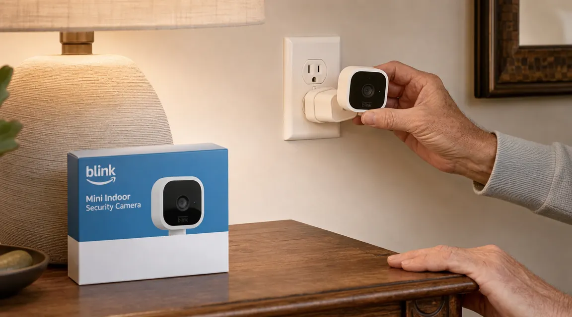 Hand plugging the Blink Mini camera into a wall outlet next to a side table