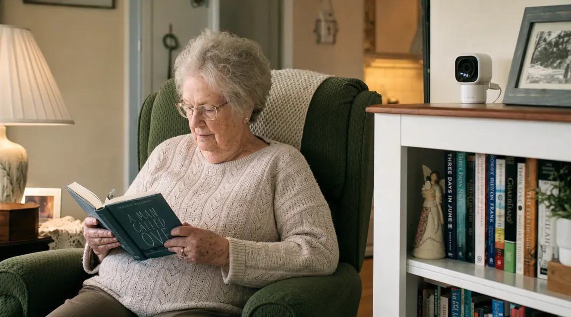 Small white camera sitting on a bookshelf in a warmly lit living room, with an older woman reading in the background