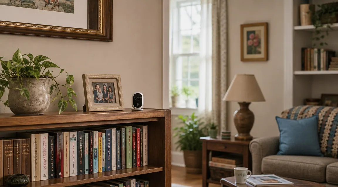 Small white security camera on a bookshelf in a bright, tidy senior living room with soft natural light