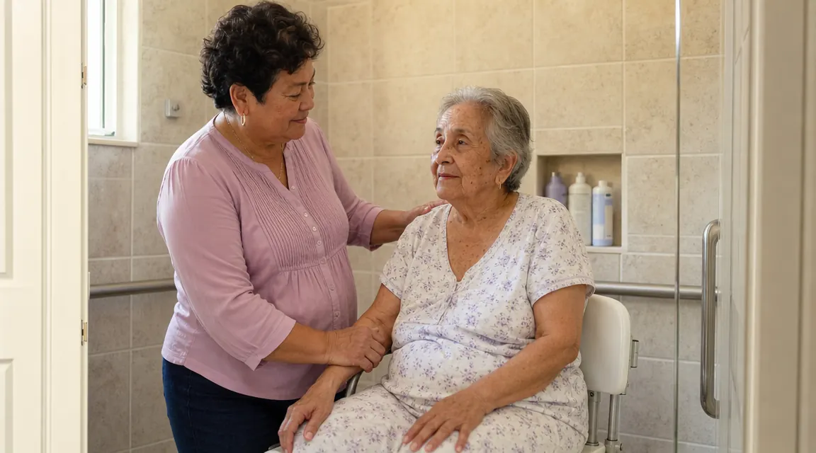 Caregiver steadying an elderly woman seated safely on a shower chair inside a tiled walk-in shower