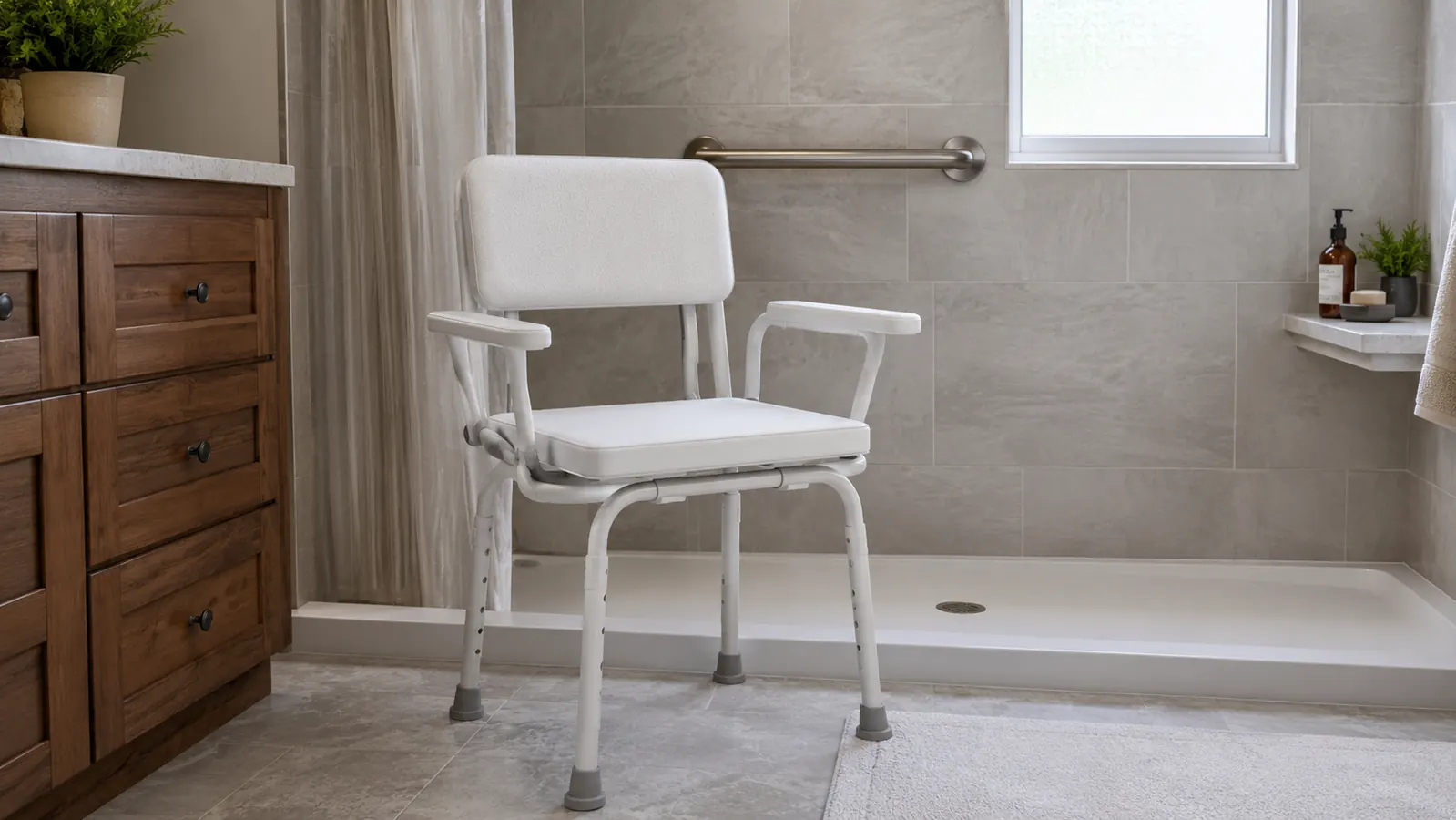 DMI 360 swivel shower chair shown assembled in a walk-in shower with grab bar visible on the wall