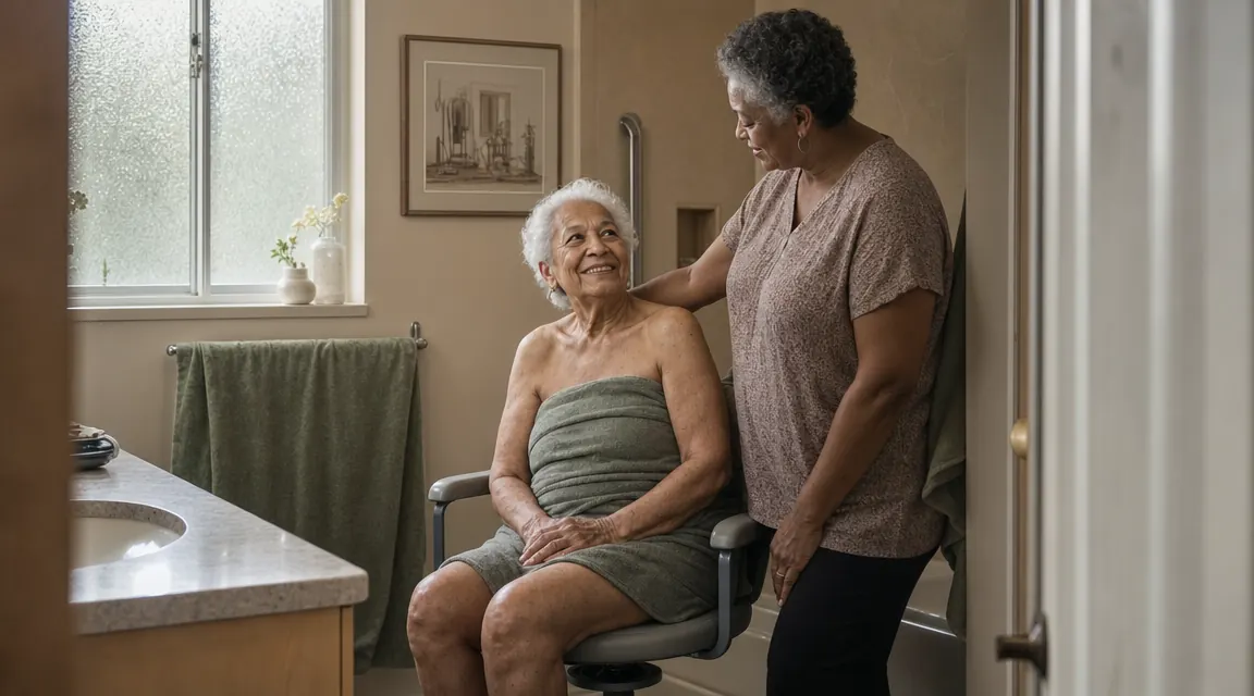 Older woman seated comfortably on a padded shower chair in a bright, clean bathroom with soft natural light from a frosted window