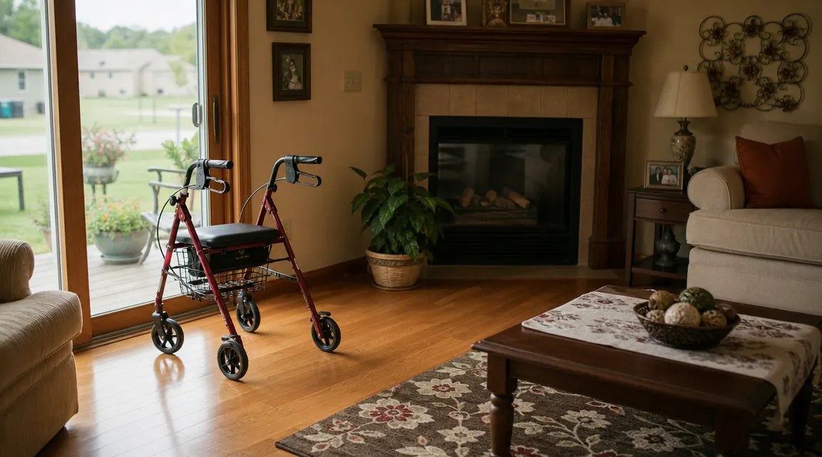 Red Drive Medical rollator walker parked near a sliding glass door in a bright living room