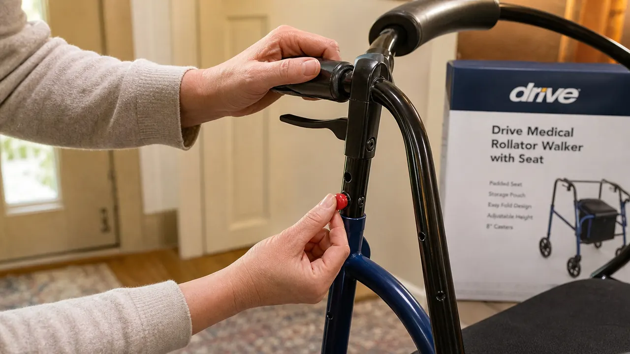 Close-up of a caregiver's hands adjusting the height pin on a Drive Medical rollator walker handlebar