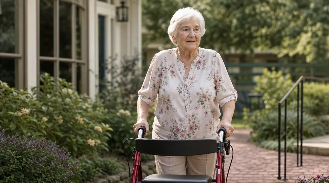 Elderly woman using a red Drive Medical rollator walker on a sunny porch path, her hand resting lightly on the handlebars