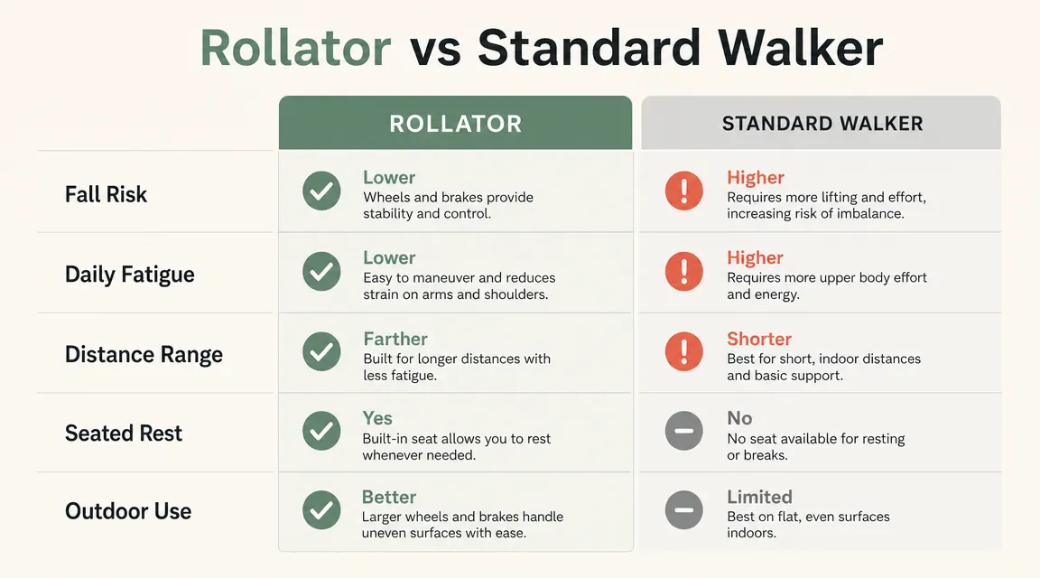 Chart comparing rollator walker and standard walker across five safety and usability dimensions