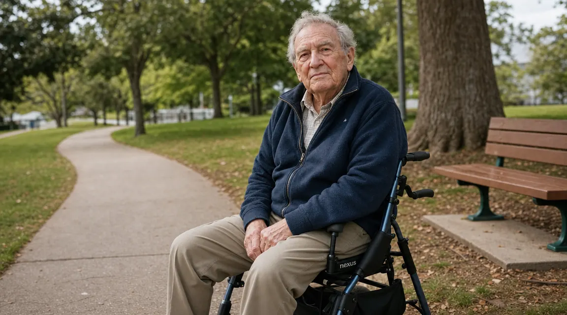 Senior man sitting on the padded seat of a rollator walker resting outdoors near a park bench