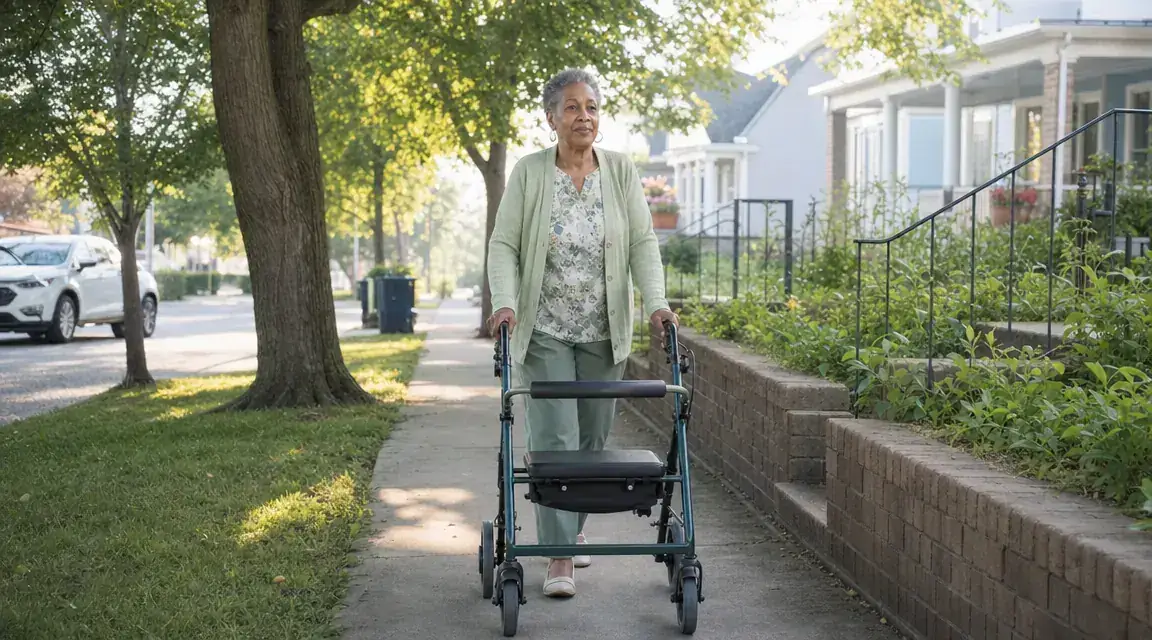 Elderly woman using a rollator walker with seat on a sunny sidewalk, walking with good upright posture