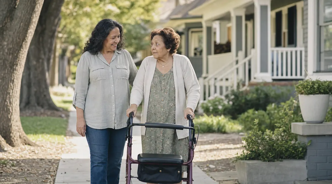 Adult daughter walking alongside her elderly mother who is using a silver rollator walker in a sunny suburban neighborhood