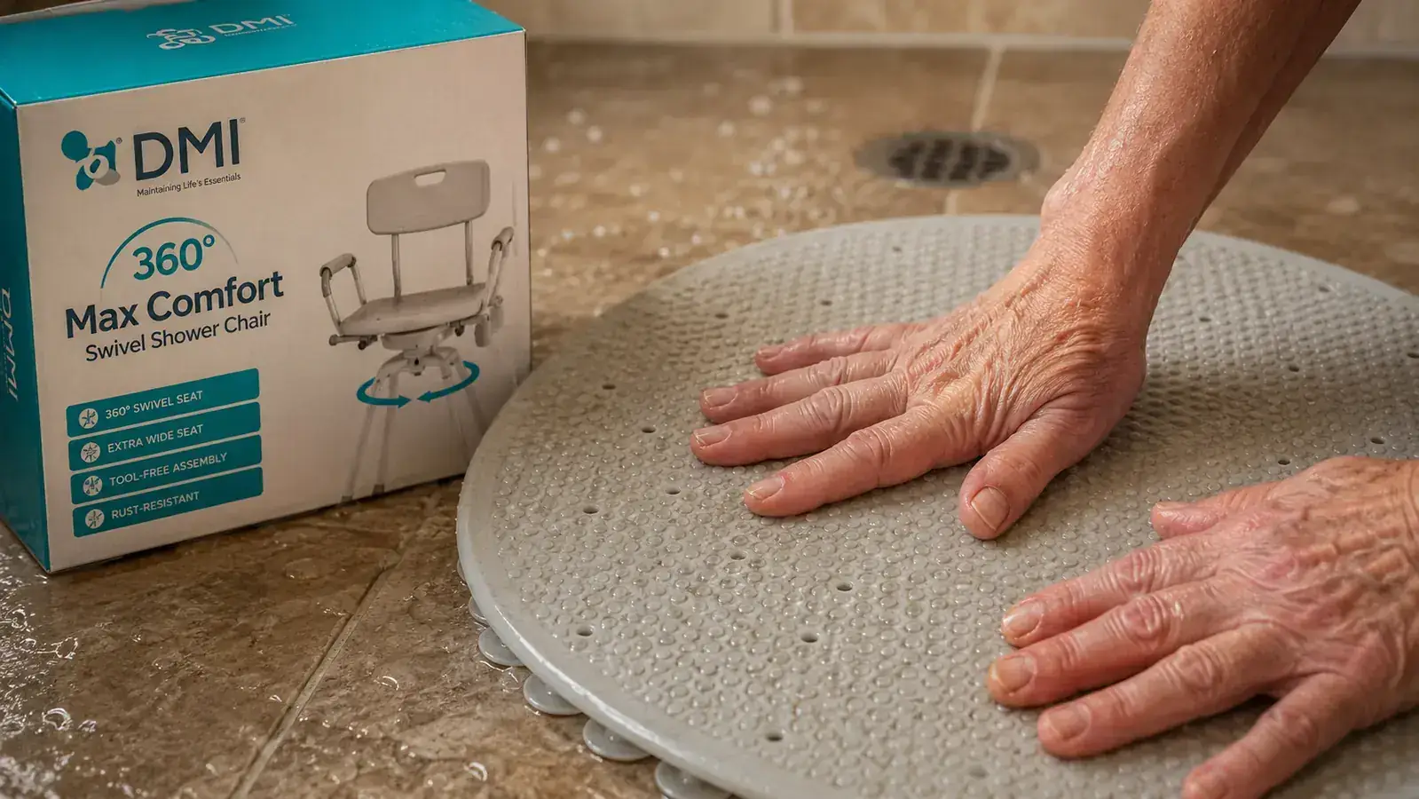 A caregiver's hand testing a non-slip bath mat placed on a wet shower floor