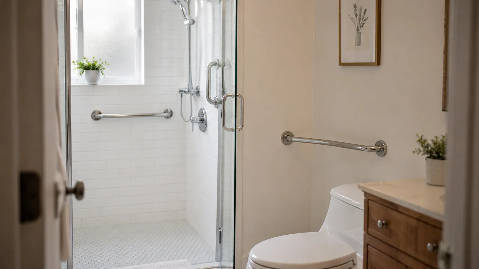 A bright, clean bathroom with grab bars on the tile wall and a shower chair visible through a glass door
