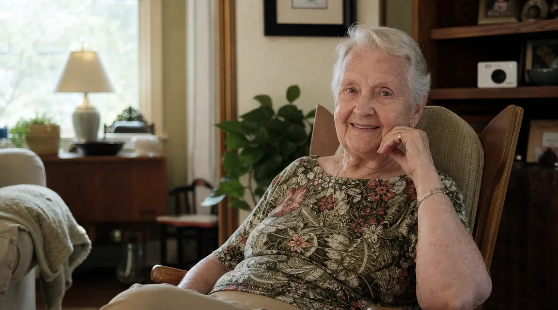 Older woman reading in a bright living room, small white security camera on a bookshelf in the background, soft morning light