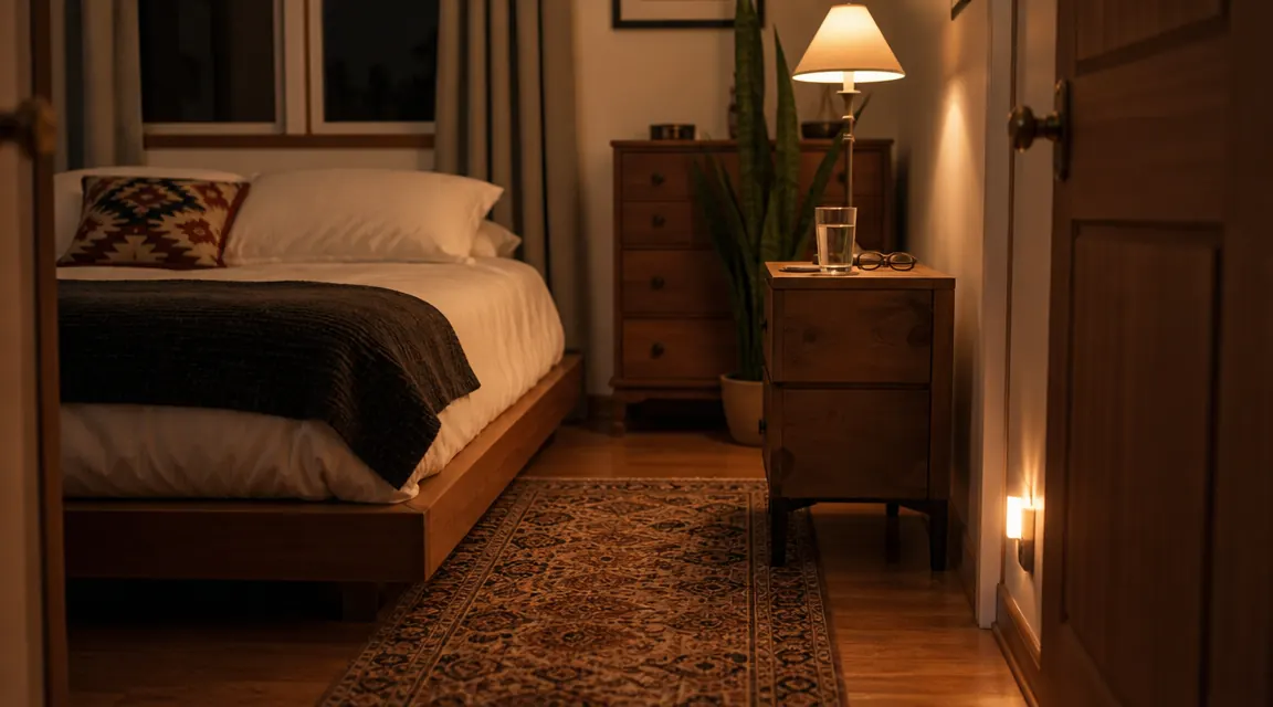 Softly lit senior bedroom at night with a low bed, a nightlight glowing near the floor, and a tidy nightstand within easy reach