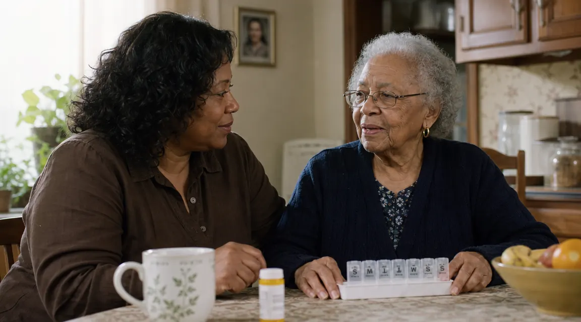 Adult daughter sitting at kitchen table with her elderly mother, reviewing a weekly pill organizer together in warm morning light