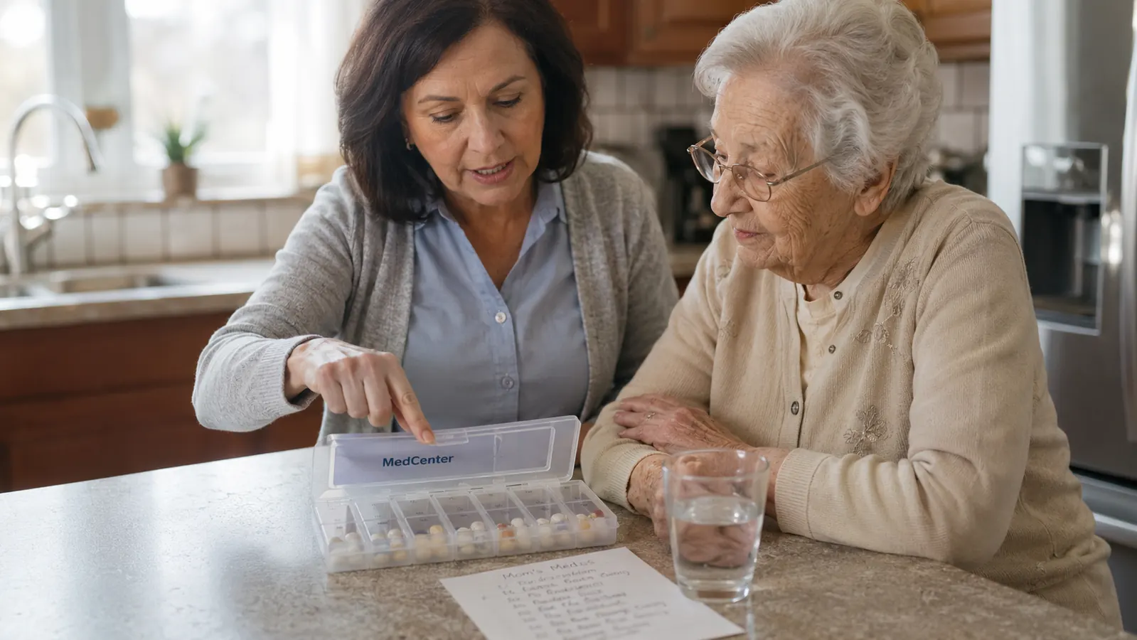 Medcenter monthly pill organizer on a kitchen counter beside a glass of water and a list of medications, morning light coming through a window