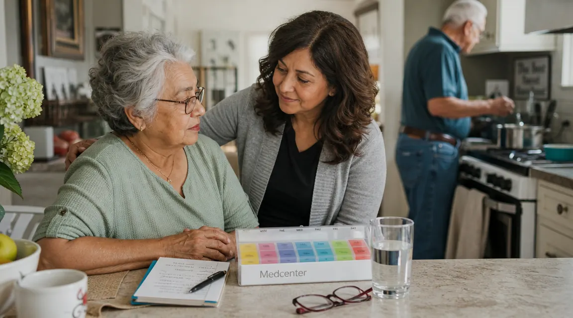 Medcenter monthly pill organizer on a kitchen counter next to a glass of water and a notepad with a medication schedule