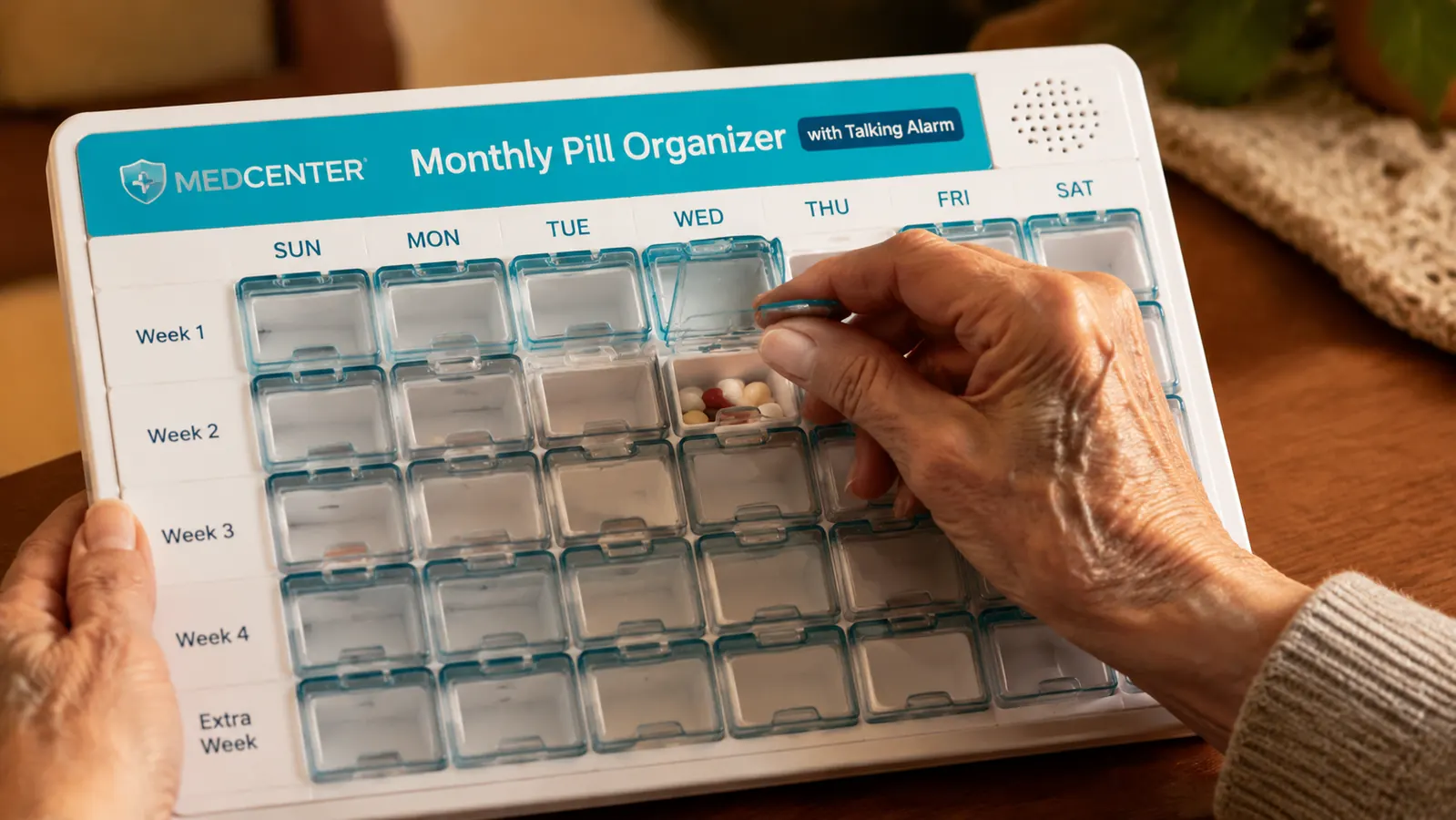 Elderly woman's hands opening one of the labeled daily compartments of a monthly pill organizer
