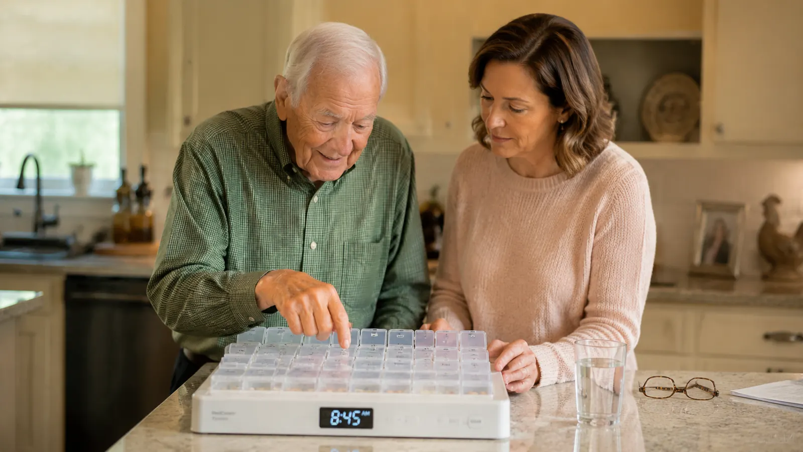 Medcenter monthly pill organizer with talking alarm clock sitting on a kitchen counter next to a glass of water