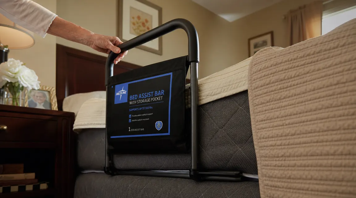 Close-up of the Medline bed assist bar installed between mattress and box spring, showing the flat metal base plate under the mattress