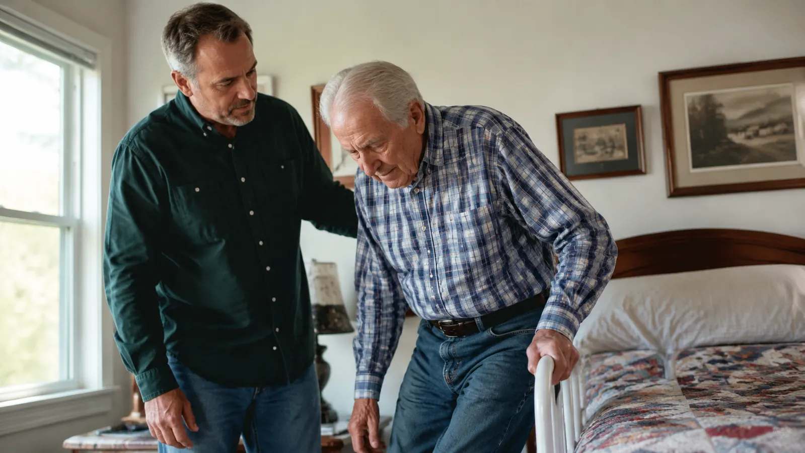 Adult son helping his elderly father grip a bed rail while standing beside the bed in a home bedroom
