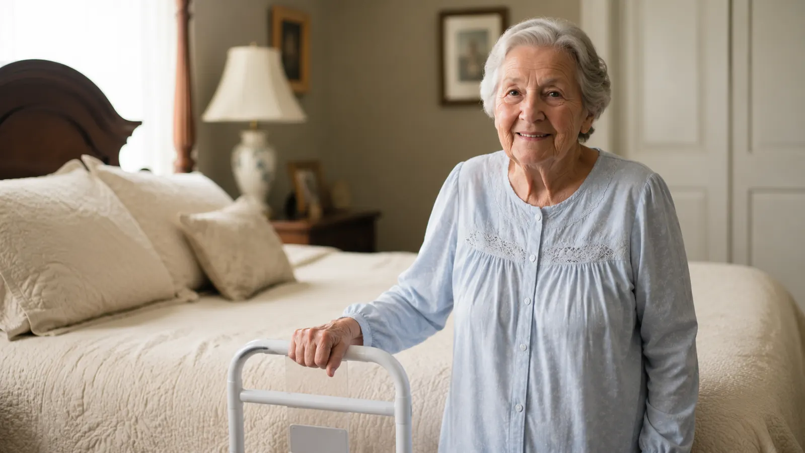 Elderly woman's hand gripping a white bed assist bar mounted on the side of a king-size bed, early morning light through sheer curtains