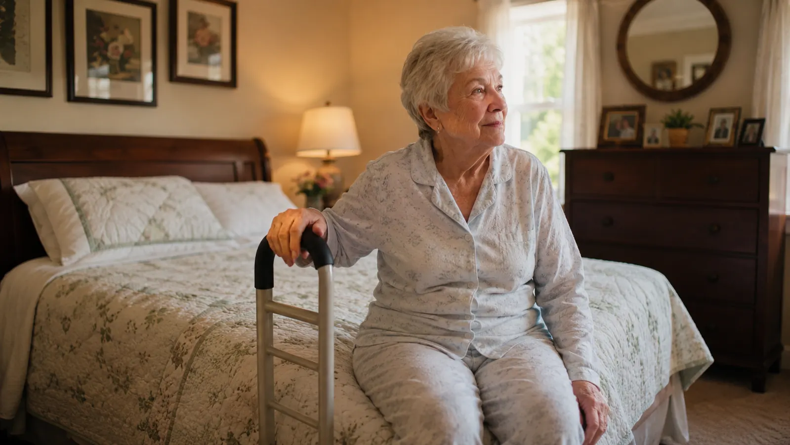 Elderly woman sitting on the edge of a bed gripping a short bed assist bar, soft morning light through sheer curtains