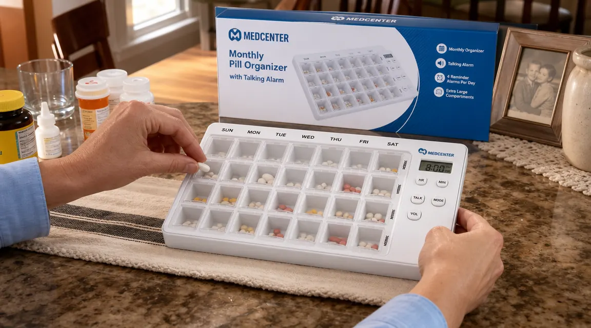 Close-up of hands filling a large monthly pill organizer with multiple compartments, medicine bottles visible nearby on a kitchen counter
