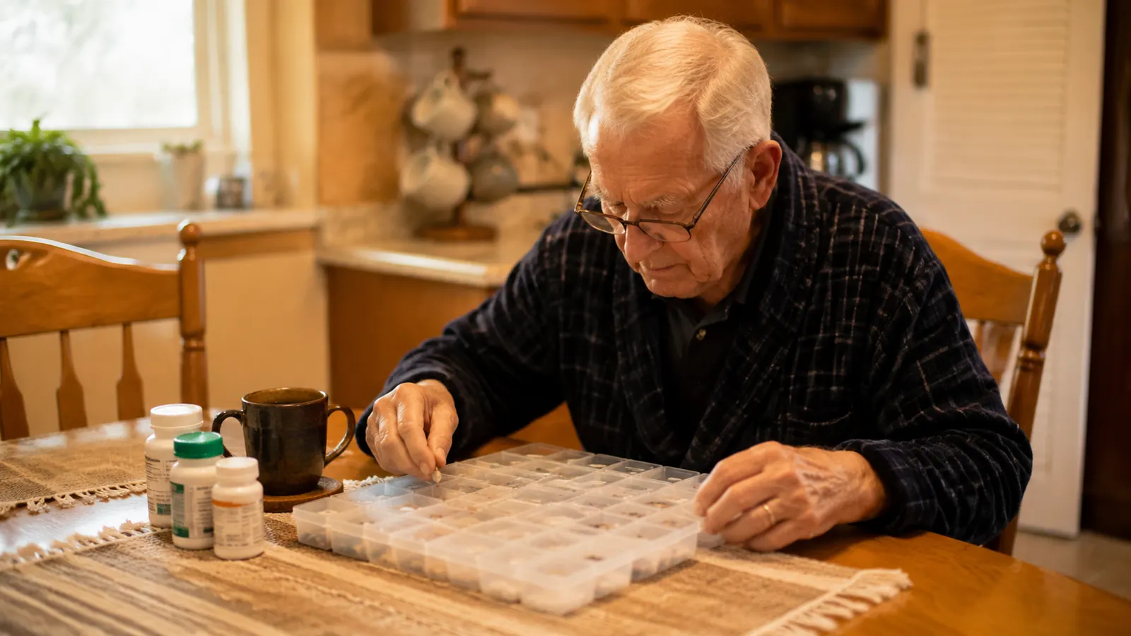 Older man sitting at kitchen table in morning light, reading glasses on, looking at a large pill organizer with multiple labeled compartments