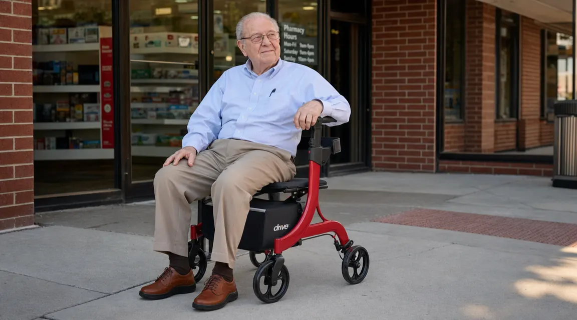 Senior man seated on the built-in padded seat of a rollator walker, resting outside a pharmacy, looking relaxed and at ease