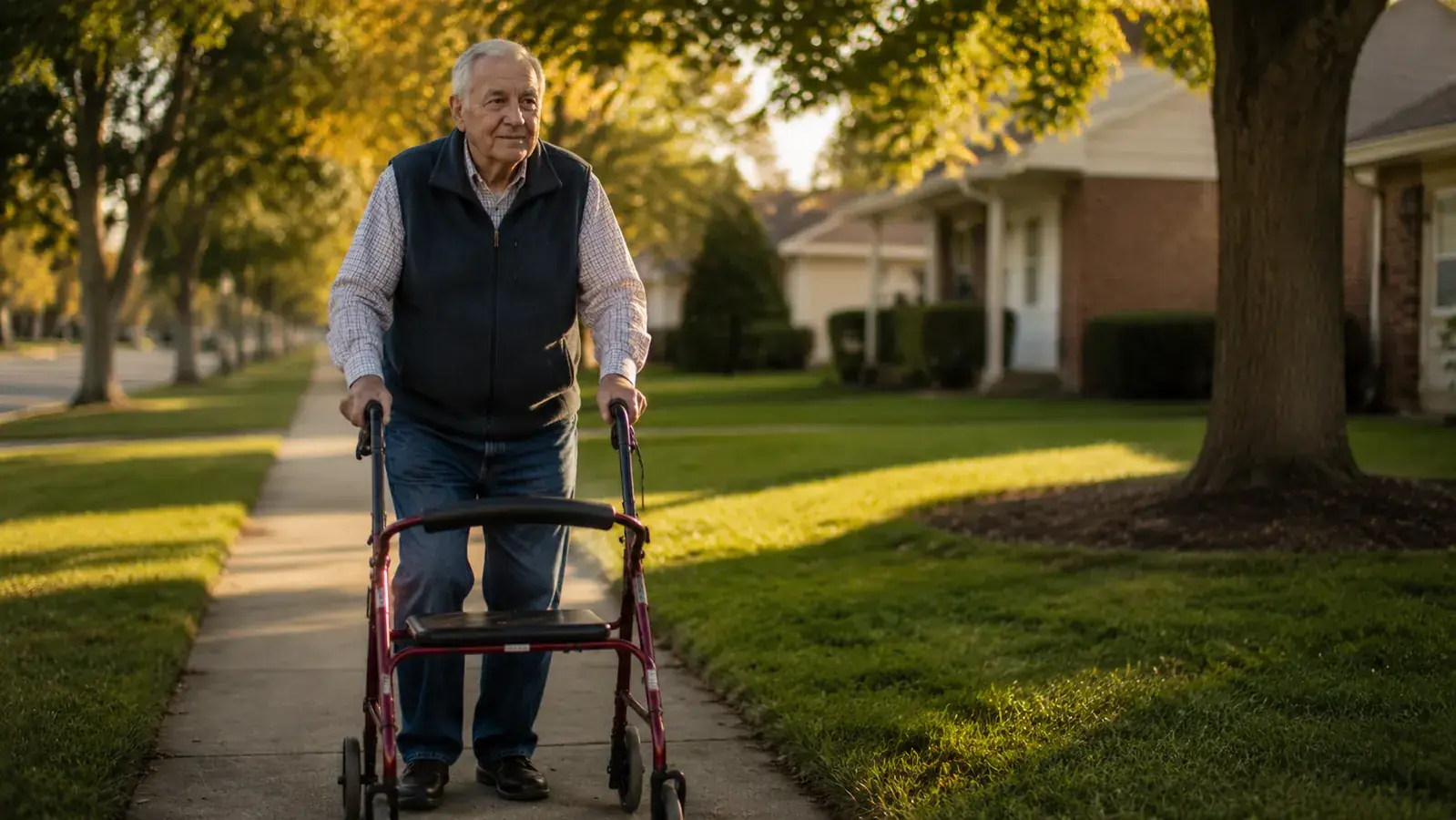 An elderly man walks slowly along a neighborhood sidewalk in the late afternoon, supported by a red rollator walker, sunlight filtering through oak trees