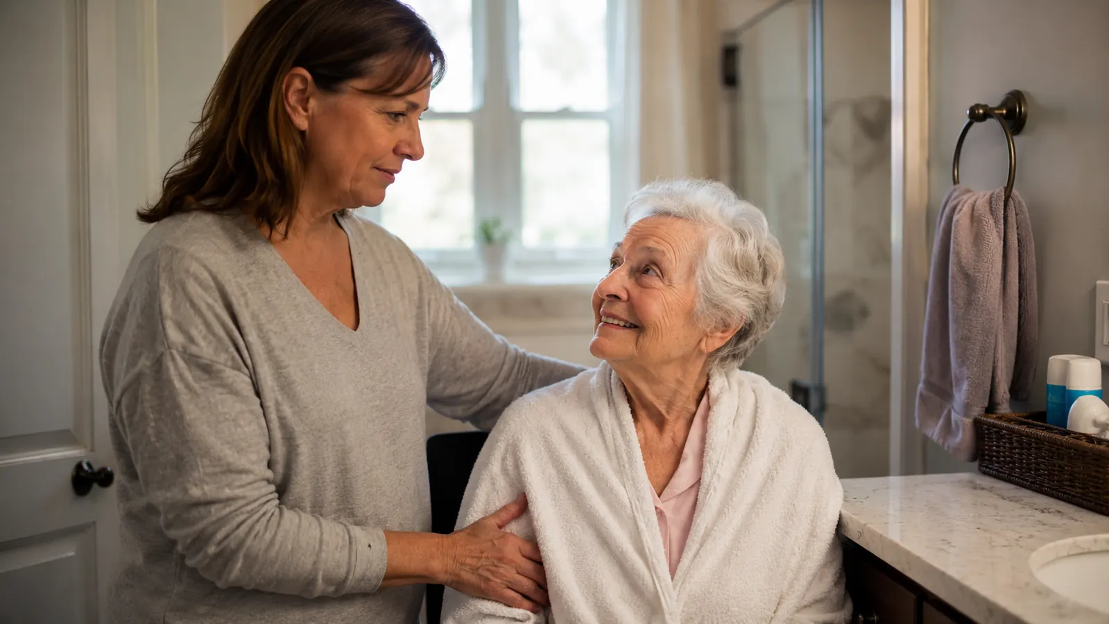 Elderly woman sitting safely in a shower chair while her daughter assists nearby, soft morning light through a frosted window
